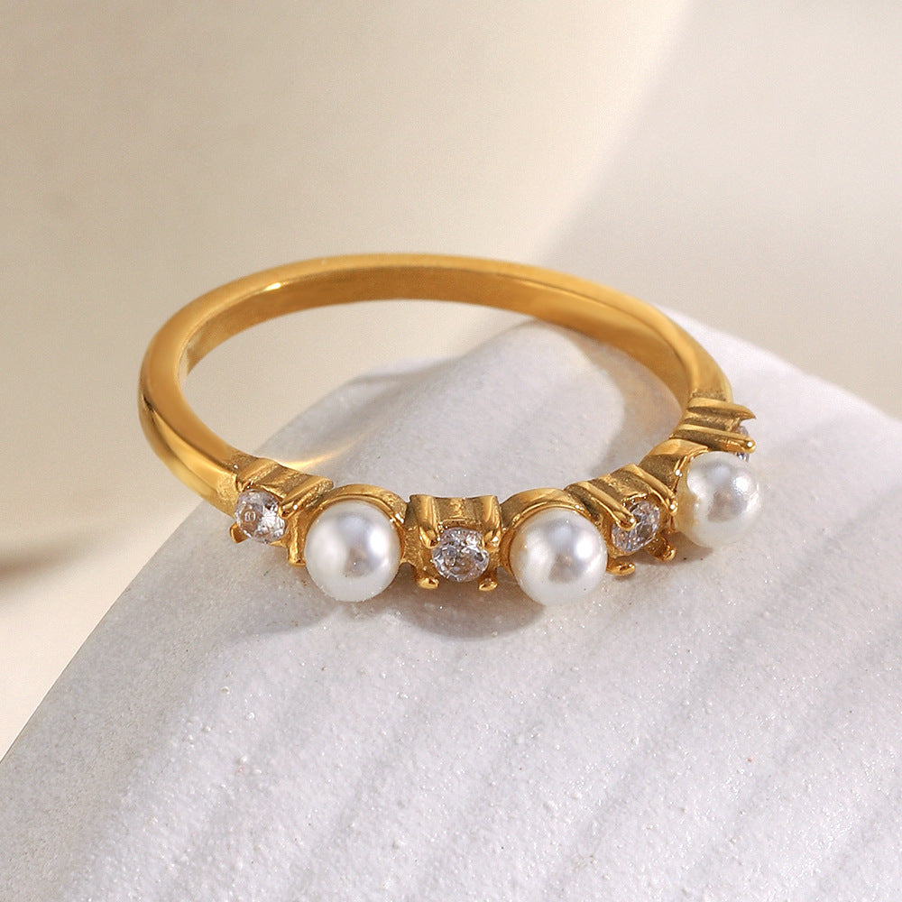 Minimalist Geometric Stainless Steel Plated 18K Gold Ring with Simulated Pearl and Zirconia for Women
