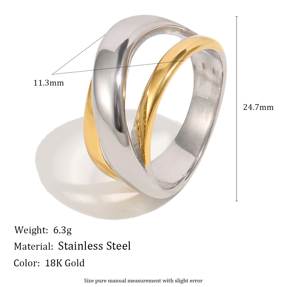 Fashion Minimalist Two-Tone Geometric Stainless Steel Gold Plated Ring for Women