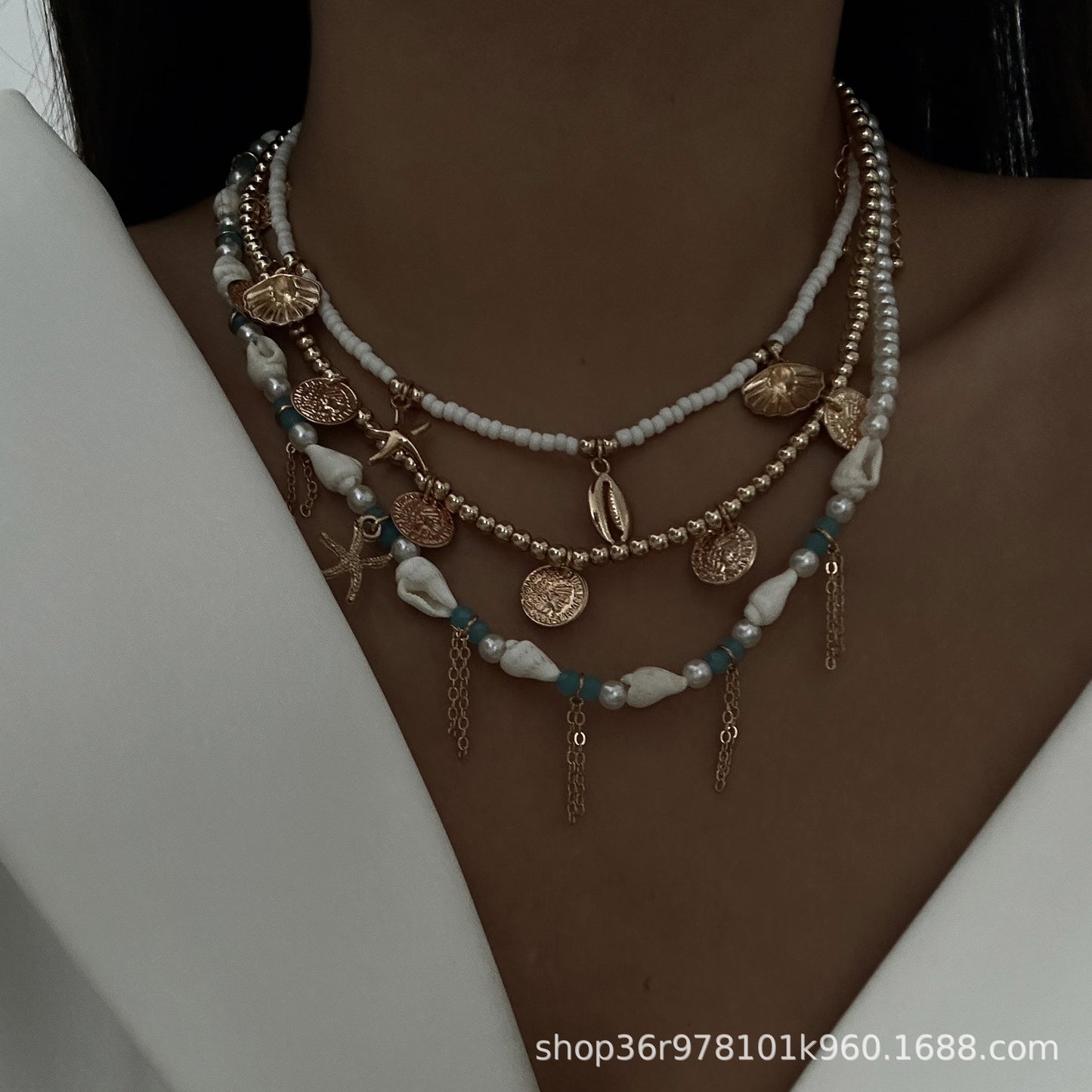 Unique Irregular Multi-Layer Geometric Starfish Alloy Necklace Set with Imitation Pearl for Women