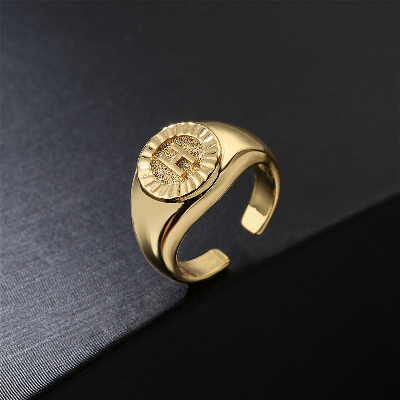 Minimalist Letter Ring in Copper with 18K Gold Plating Adjustable Open Band for Women