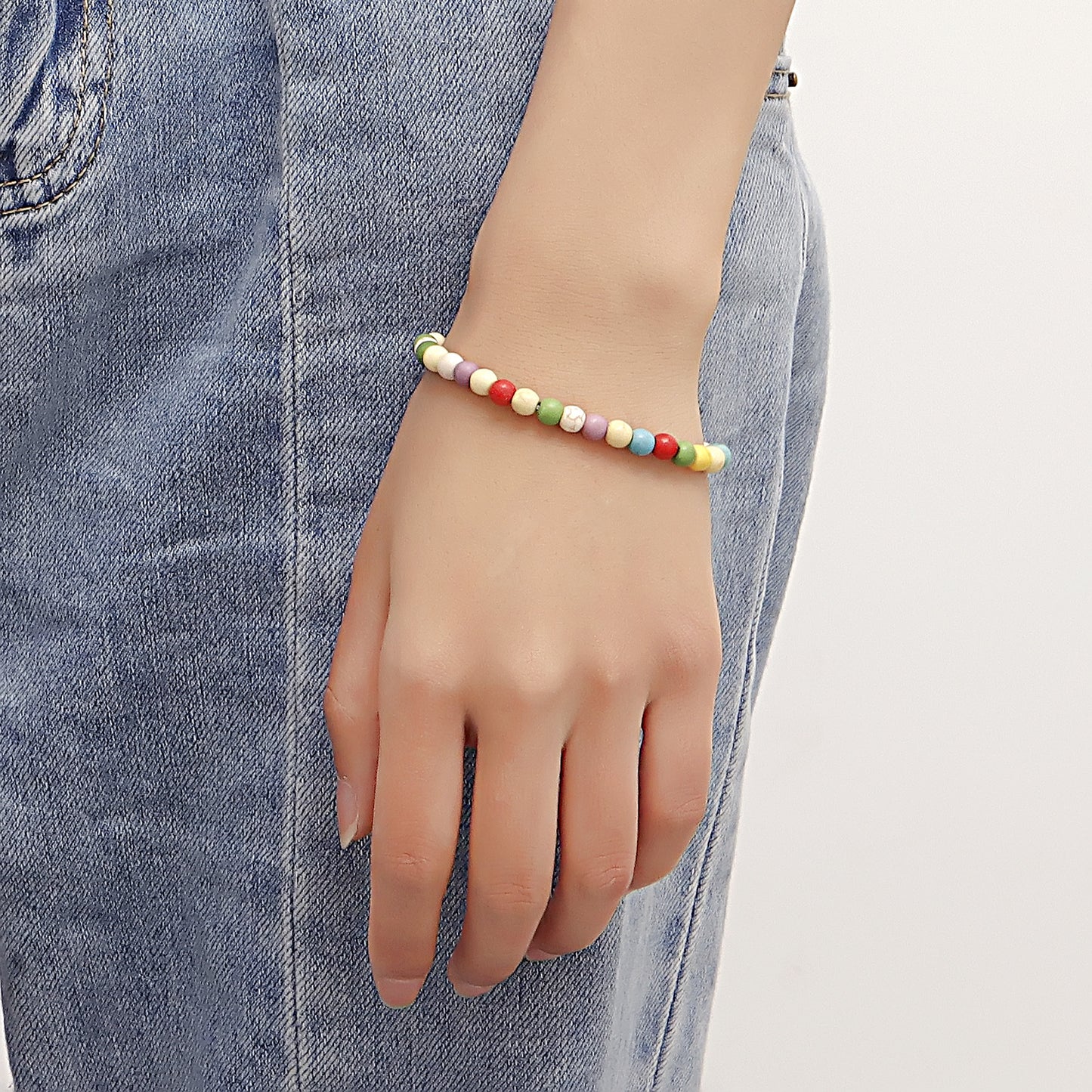Vintage-Inspired Geometric Turquoise Beaded Elastic Bracelet for Women with Alloy Base and Plated Finish
