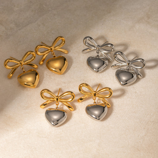 Sweet Two-Tone Heart Butterfly Knot Plated Stainless Steel Earrings for Women