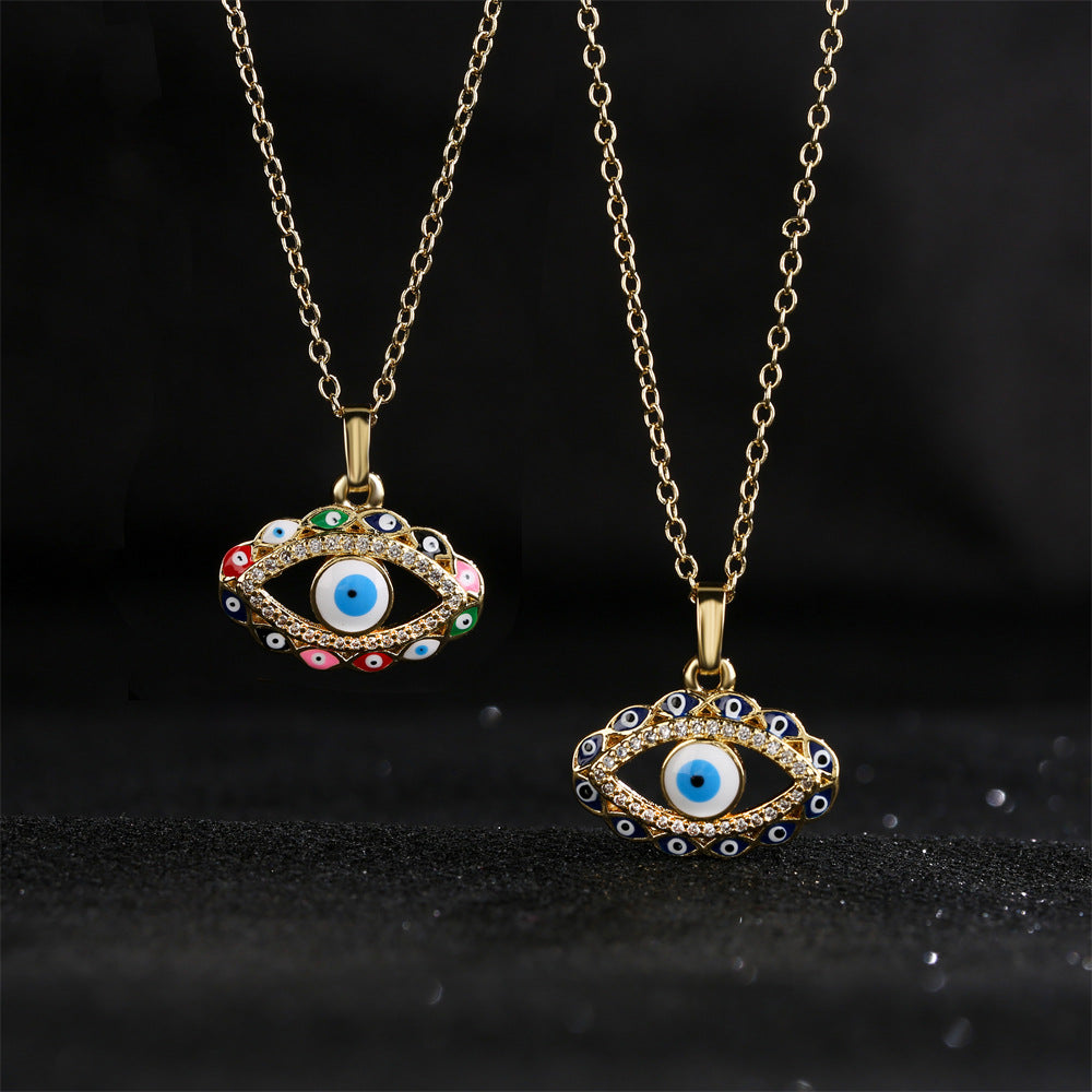 Minimalist Geometric Evil Eye Pendant Necklace for Women with Copper Base Plated in 18K Gold and Enamel-Finished Zirconia