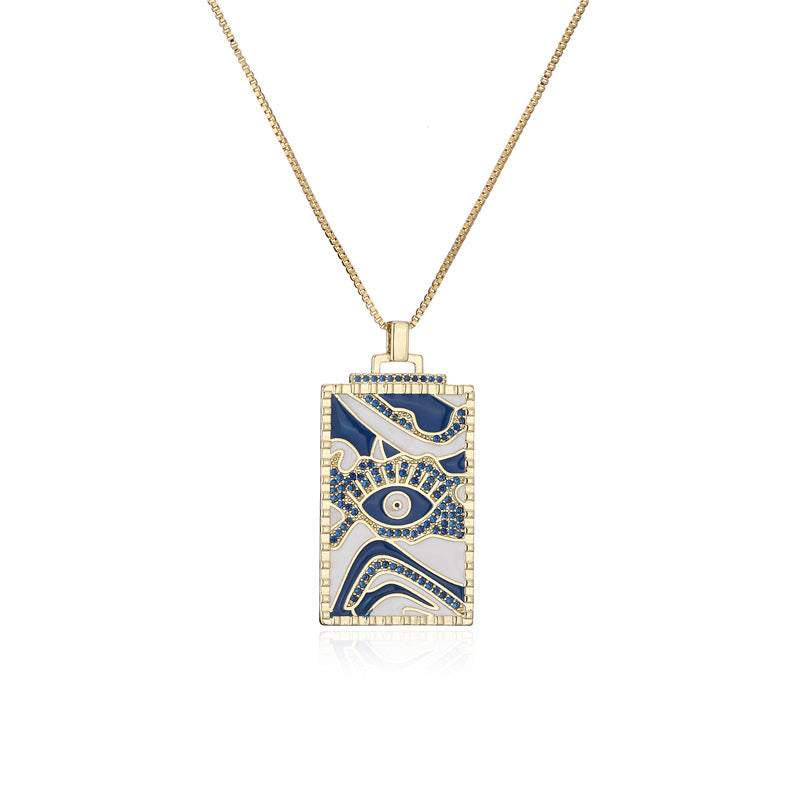 Geometric Square Brass Pendant Necklace with Micro-Inlaid Cubic Zirconia and Drip Oil Evil Eye Design on Box Chain
