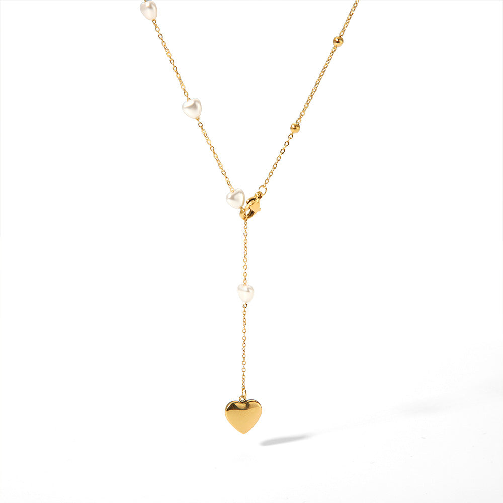 Minimalist Heart-Shaped Titanium Steel Pendant Necklace for Women with Plated Stainless Steel Chain and Pearl Accent