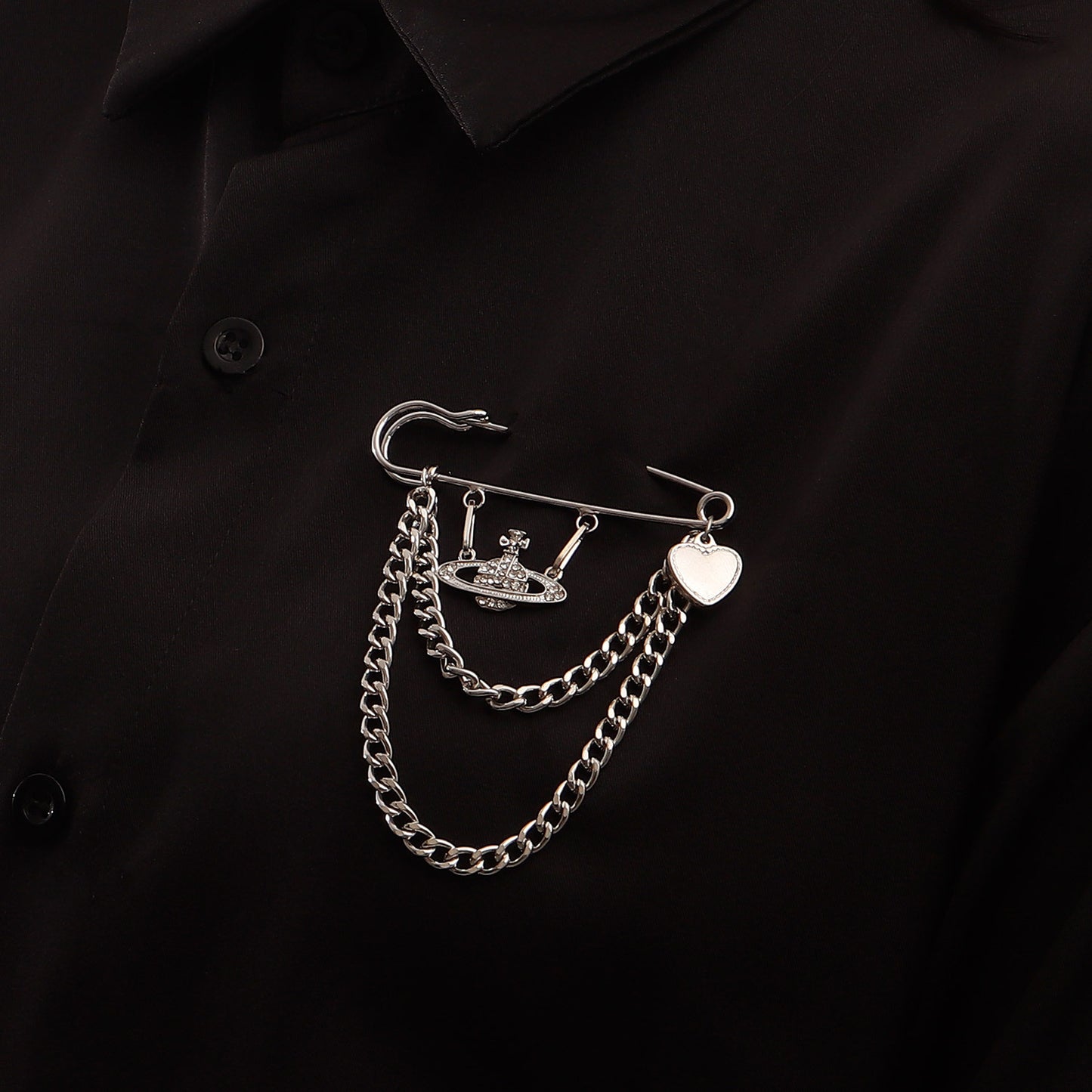 Punk Style Geometric Heart and Cosmic Planet Pendant Brooch with Tassels for Women Alloy Plated Jewelry