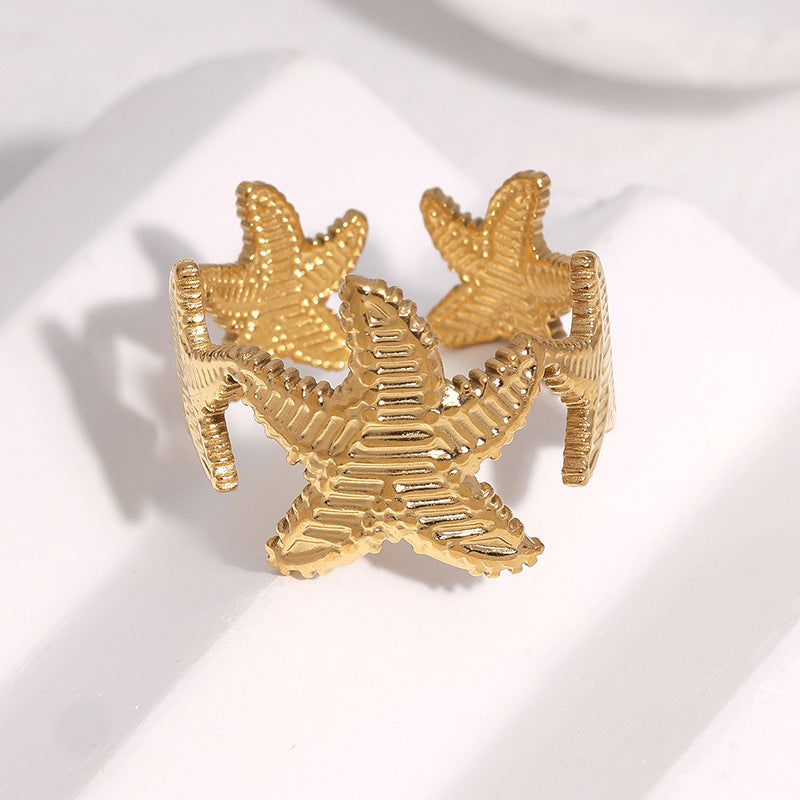 Natural Starfish Stainless Steel Plated Open Ring for Women