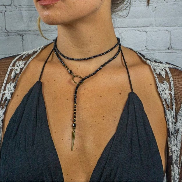Gothic Geometric Round Wood Necklace with Acrylic Pendant Beaded Irregular Chain Unisex