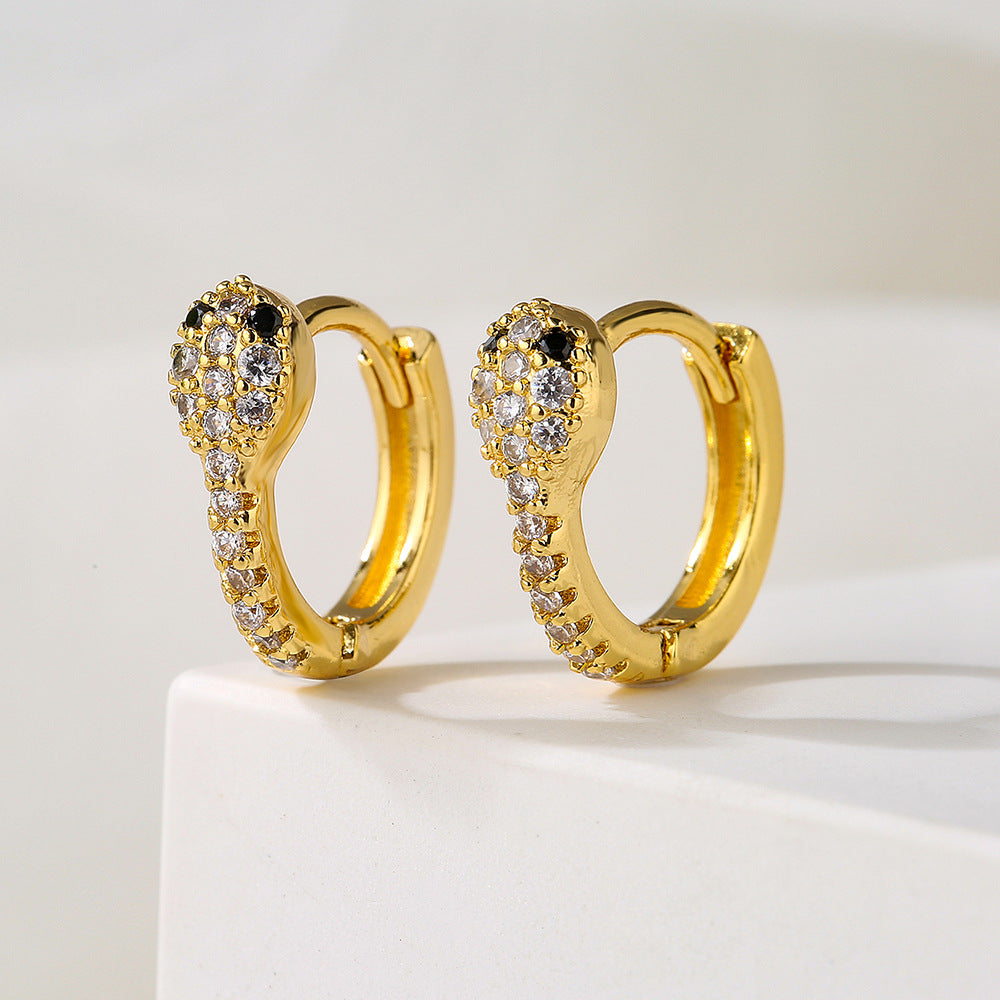 Fashionable Snake-Shaped Geometric Hoop Earrings for Women in Copper with 18K Gold Plating and Micro-Paved Zirconia