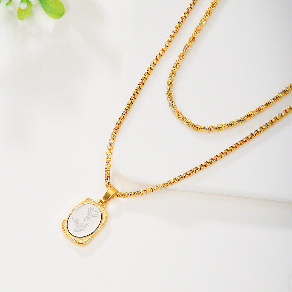 Vintage Two-Tone Gold and Silver Plated Stainless Steel Square Rose Pendant Necklace with Box Chain for Women