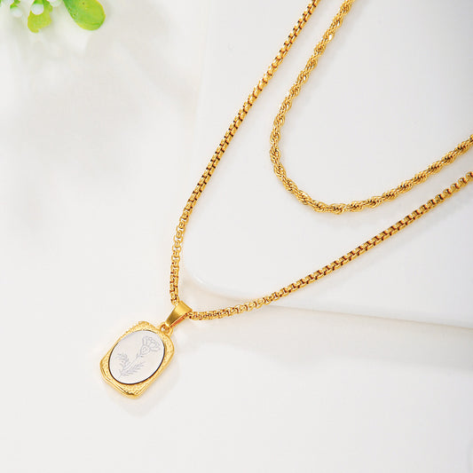 Vintage Two-Tone Gold and Silver Plated Stainless Steel Square Rose Pendant Necklace with Box Chain for Women