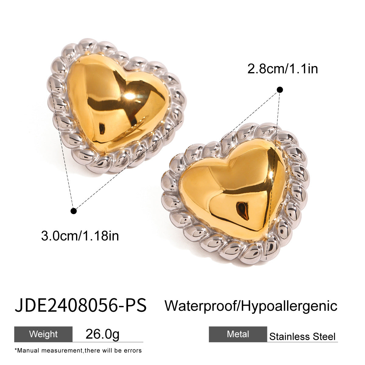 Pendientes de acero inoxidable minimalistas con forma de corazón y acabado chapado para mujer