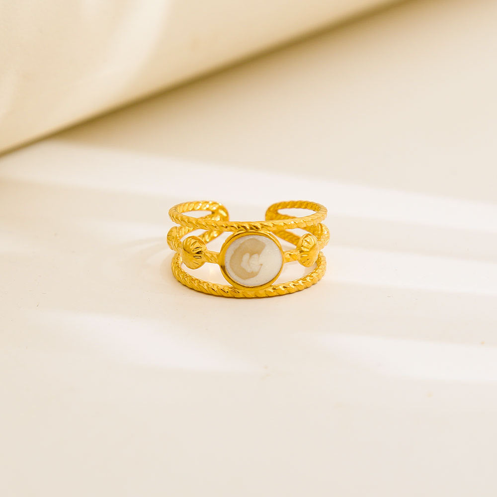 Anello geometrico rotondo in acciaio al titanio con smalto bianco e nero, regolabile, in stile vintage
