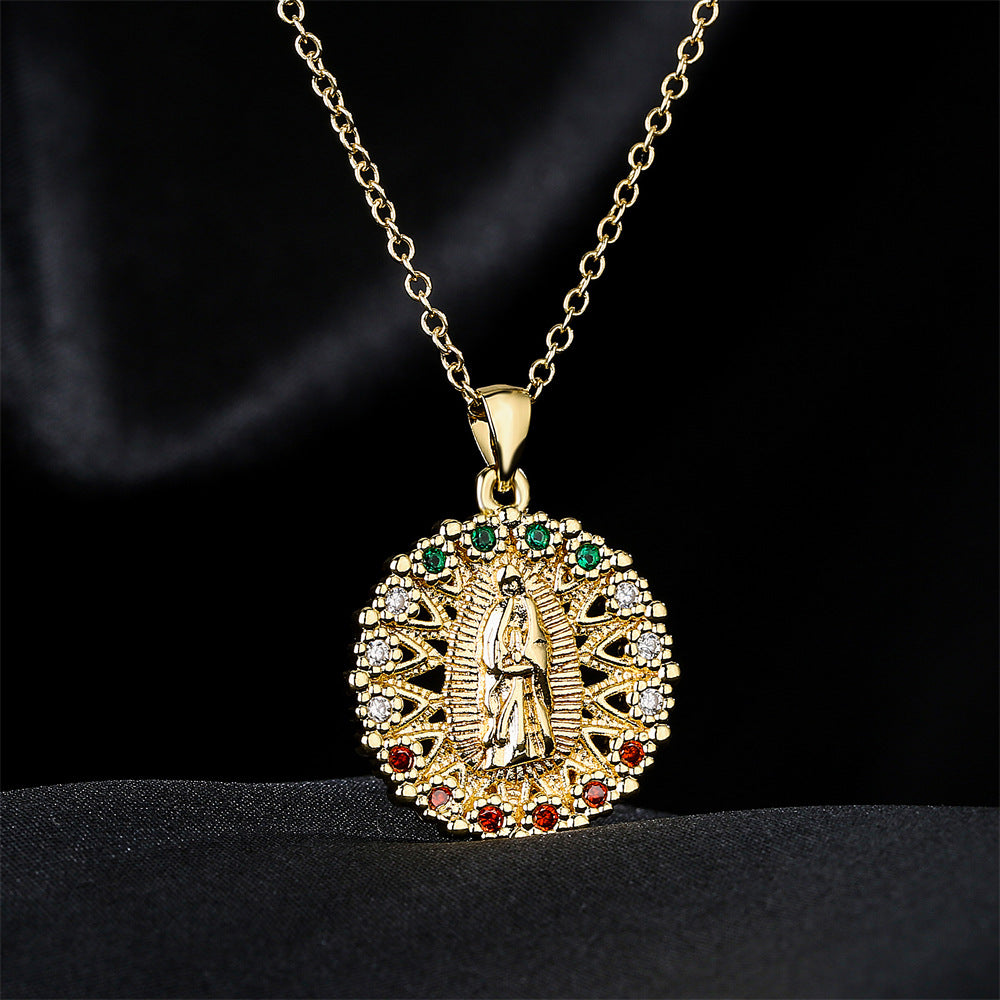 Gold Plated Geometric Virgin Mary Cubic Zirconia Inlay Pendant Necklace for Women