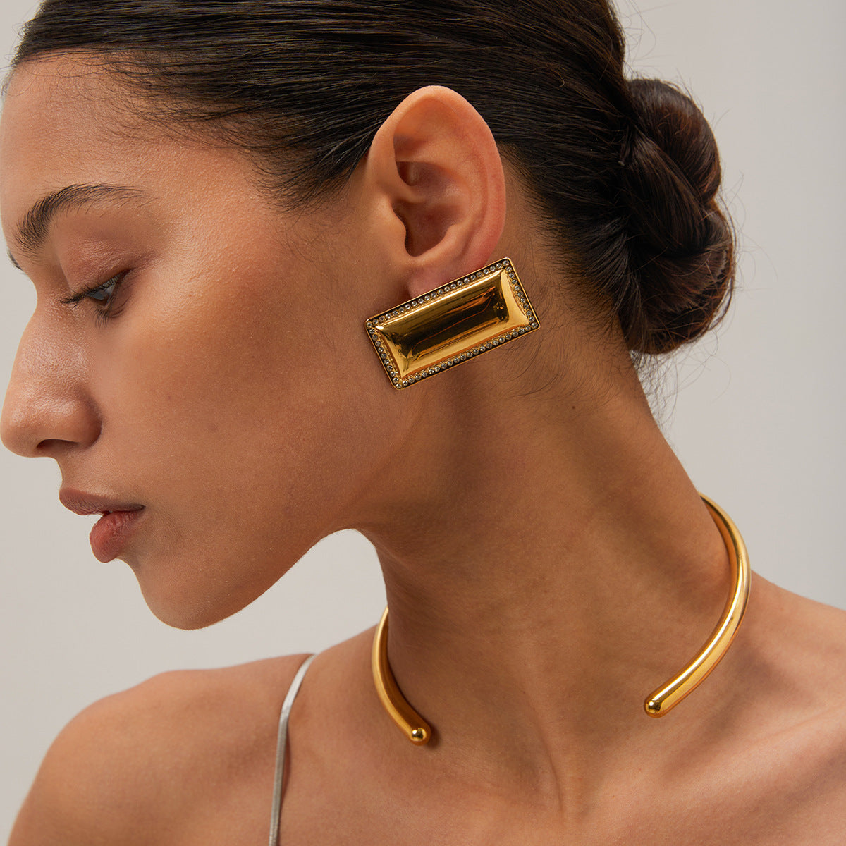 Trendy Geometric Rectangular Hoop Earrings 18K Gold Plated Stainless Steel with Rhinestone Inlay for Women