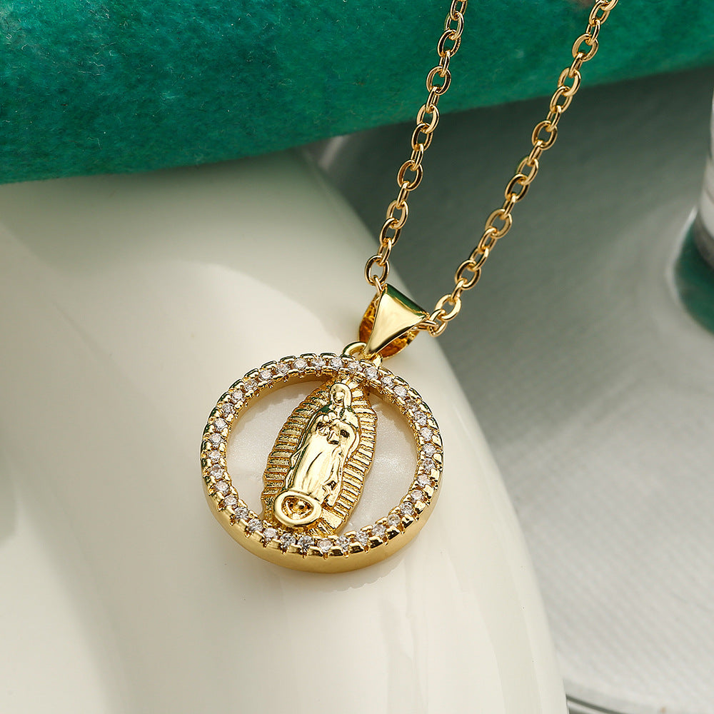 Geometric Saint Mary Pendant Necklace for Women with Copper Base Plated in Real Gold Inlaid with Zircon and Pearl Accents