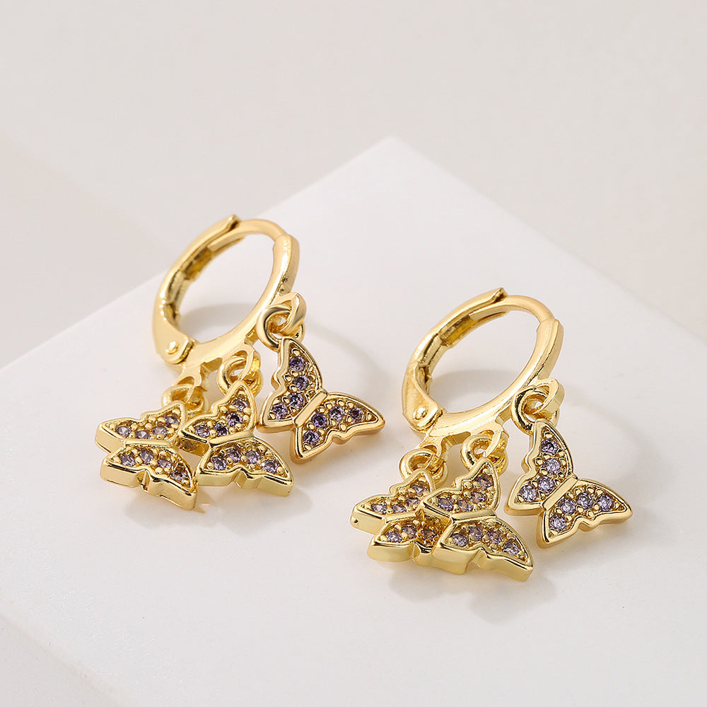 Minimalist Butterfly-Shaped Copper Earrings with 18K Gold Plating and Micro-Paved Zirconia for Women