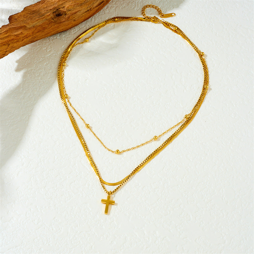 Fashion Gold Plated Cross Stainless Steel Pendant Multi-layer Cable Chain Necklace for Women