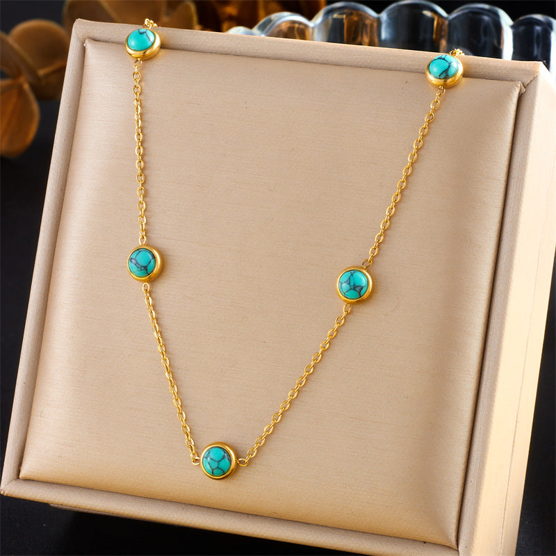 Vintage Minimalist Office Chic Stainless Steel Box Chain Necklace and Earrings Set with Round Turquoise Inlay