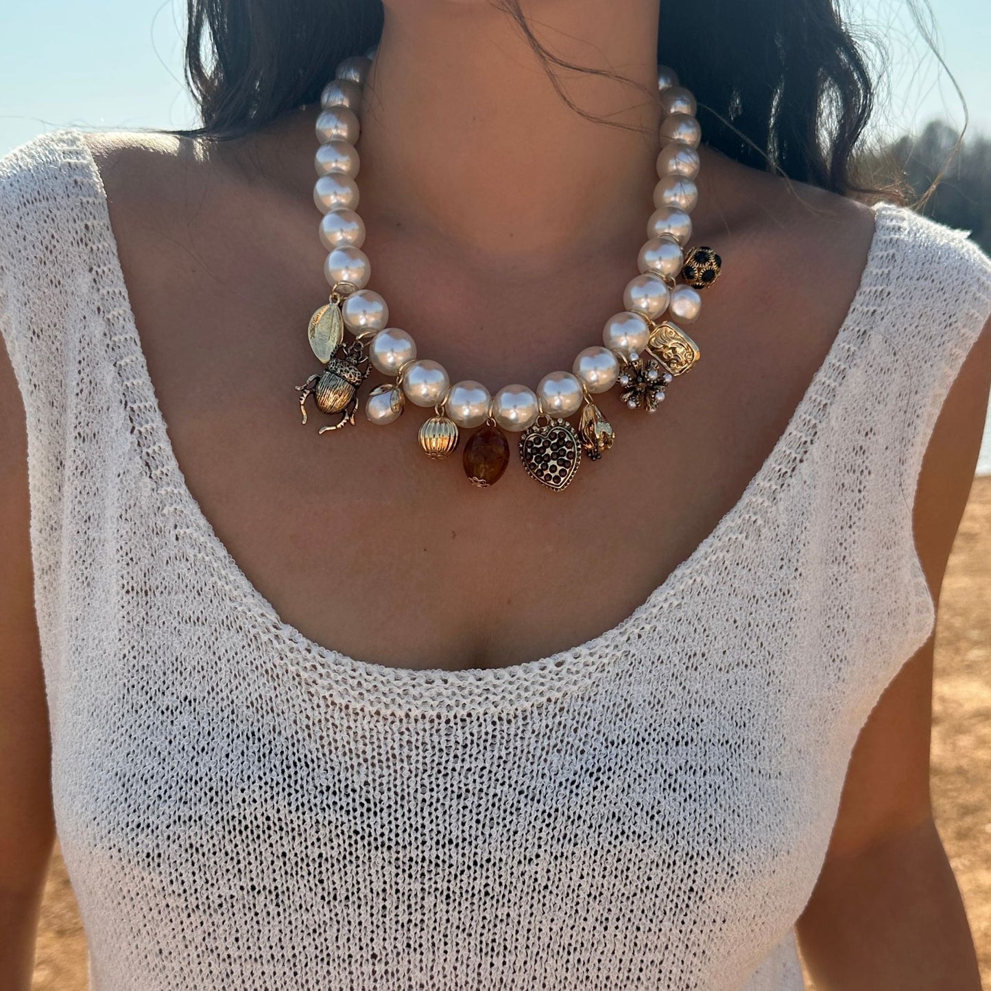 Fashion Baroque Heart Insect Geometric Alloy Plated Necklace with Imitation Pearl Beads for Women