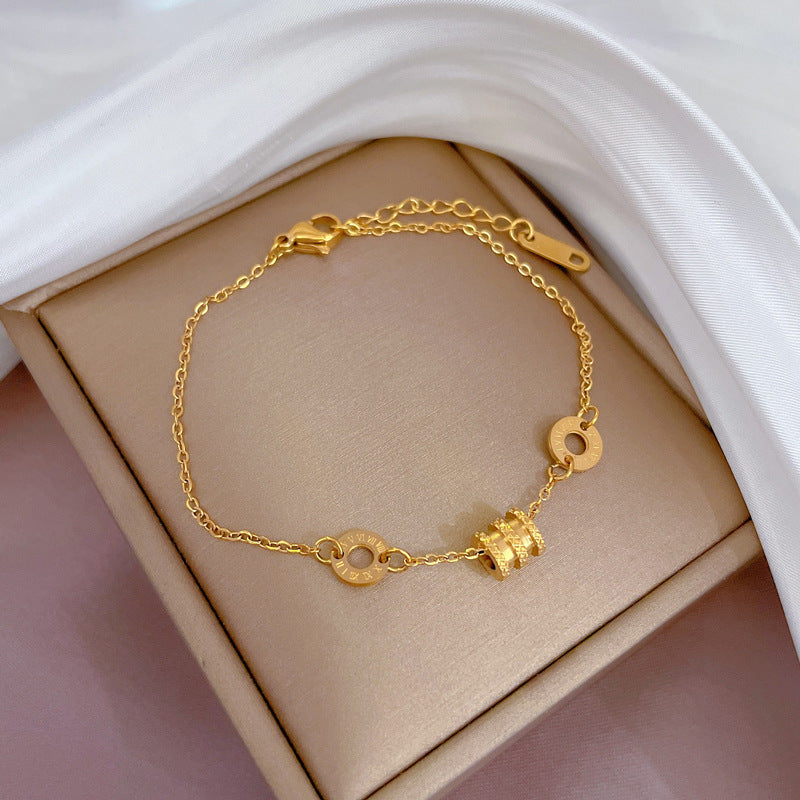 Vintage Korean Titanium Steel Letter Chain Bracelet for Women with Round Pendants and Wavy Bean-shaped Details