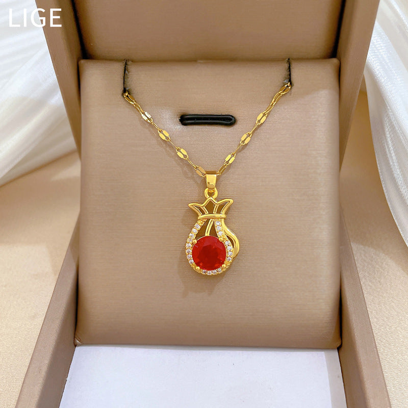 Sweet Luxury Geometric Red Lucky Bag Rhinestone Pendant Necklace Titanium Steel Cable Chain for Unisex