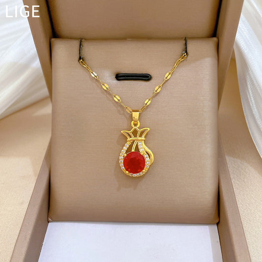 Sweet Luxury Geometric Red Lucky Bag Rhinestone Pendant Necklace Titanium Steel Cable Chain for Unisex