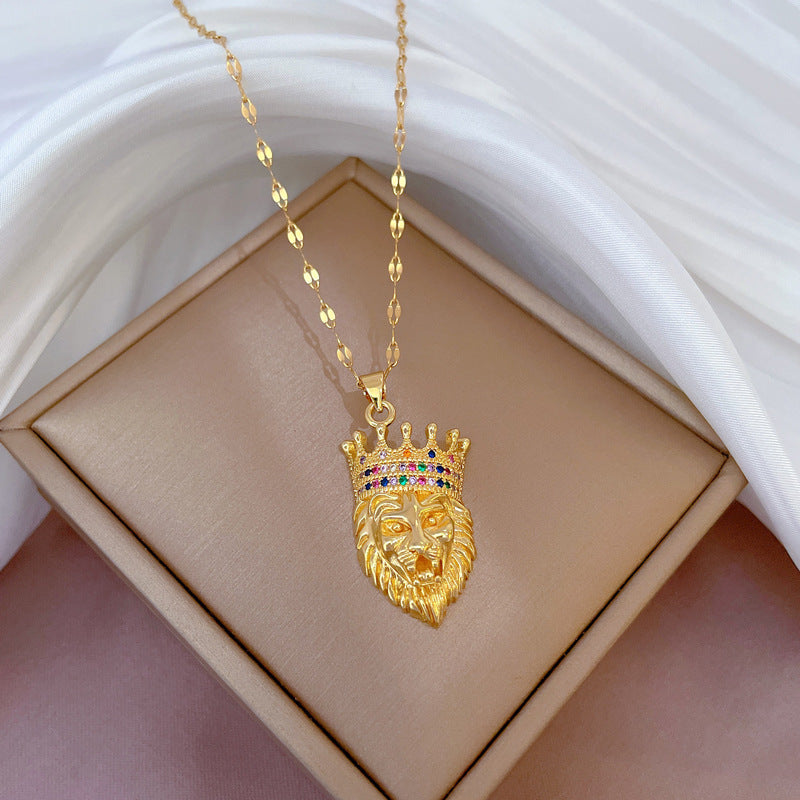 Exotic Geometric Crown Animal-Themed Titanium Steel Micro-Pave Necklace for Women Delicate Clavicle Chain