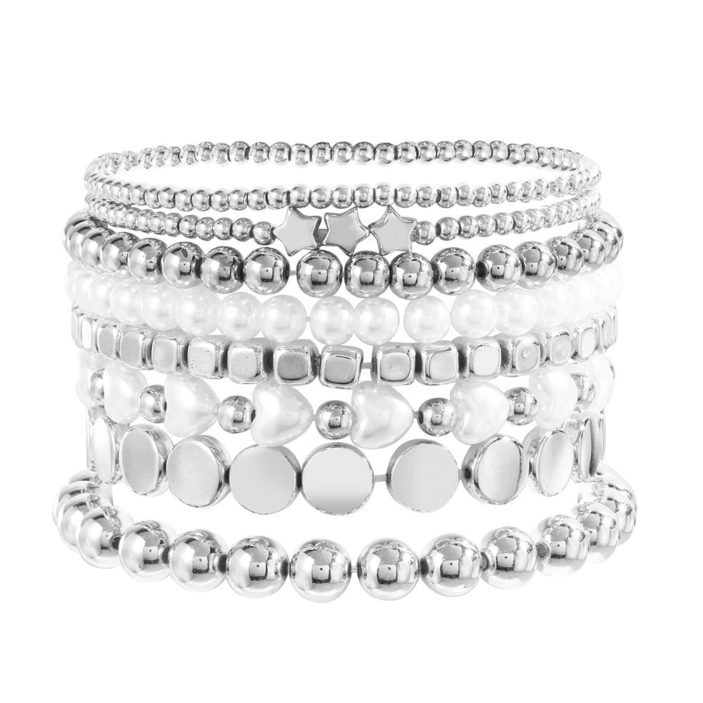 Bohemian Women's Multi-Layer Geometric Round Brass Bead Imitation Pearl Bracelet Set