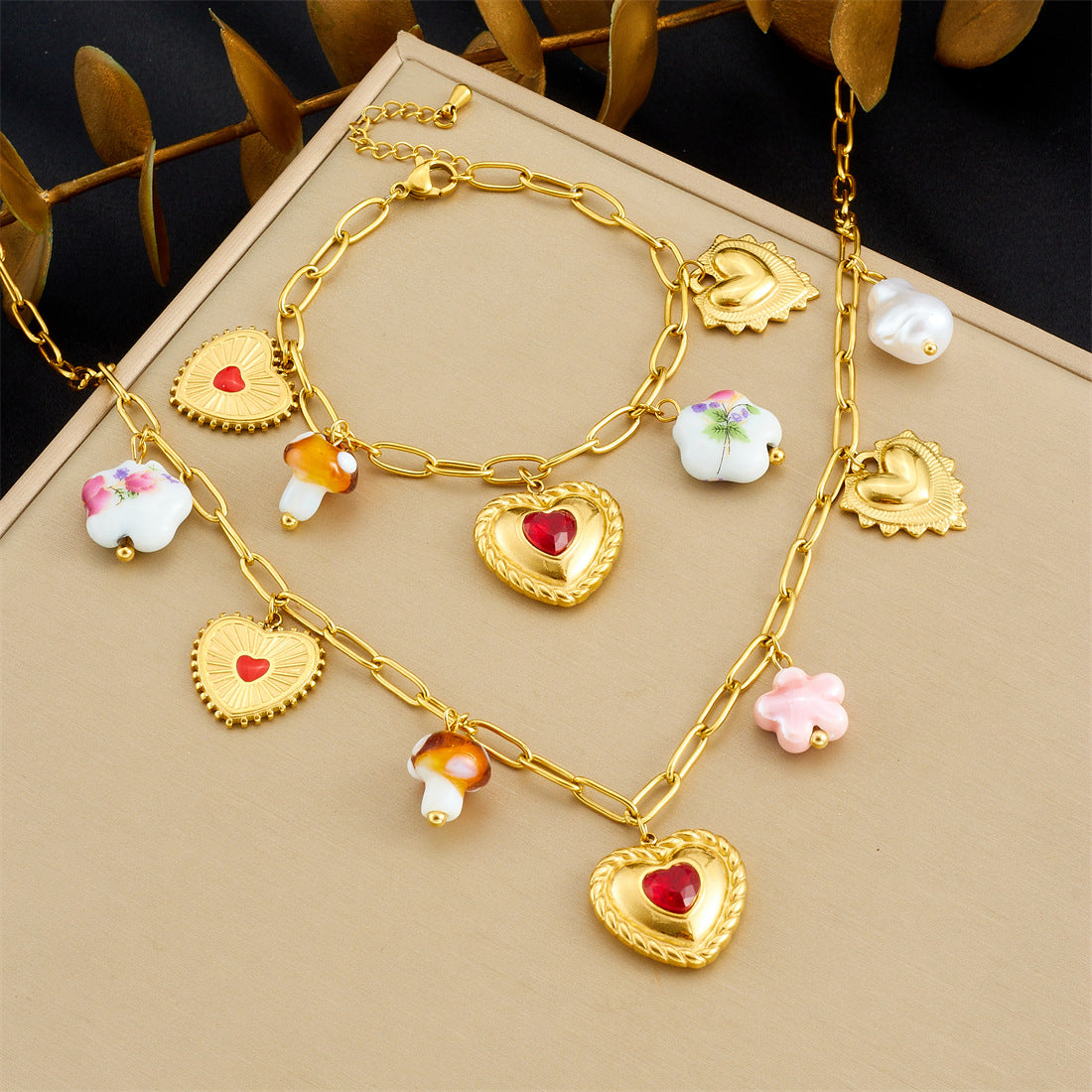 Elegant Gold Plated Rhinestone Inlaid Heart Mushroom Ceramic Pendant Stainless Steel Cable Chain Necklace Set for Women