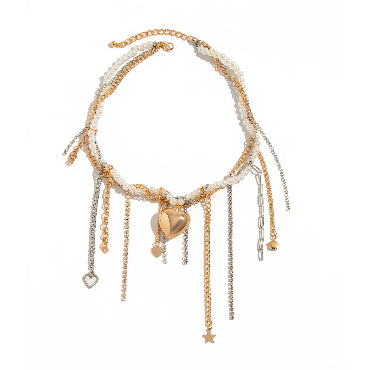 Streetwear Heart Cross Star Alloy Pearl Tassel Plated Iron Necklace for Women