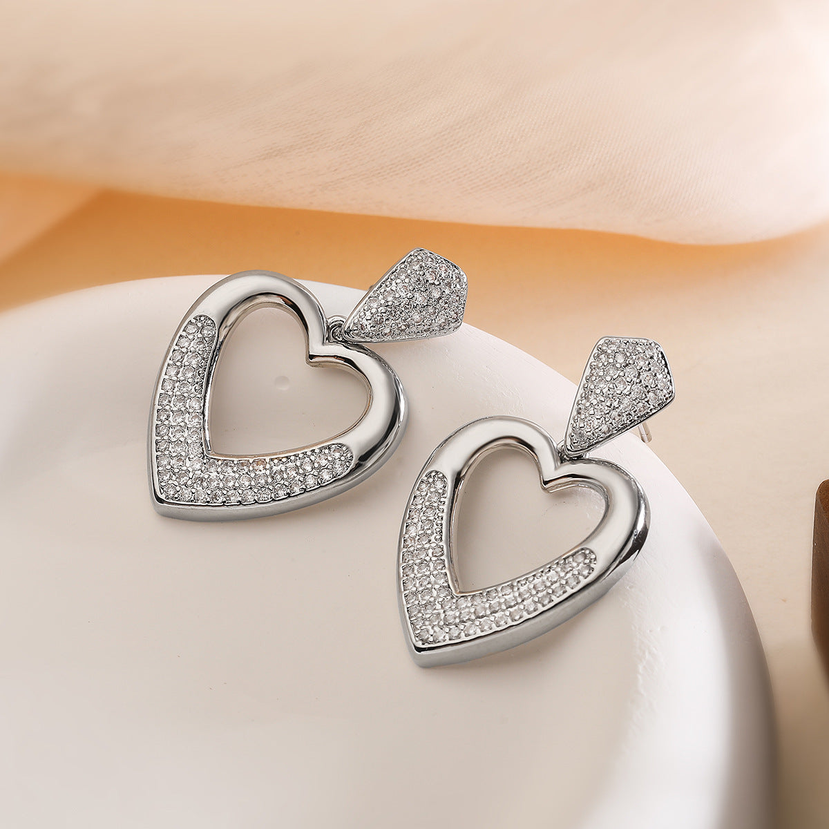 Minimalist Heart-Shaped Copper Earrings with Real Gold Plating and Zircon Inlay, Hollow Design for Women
