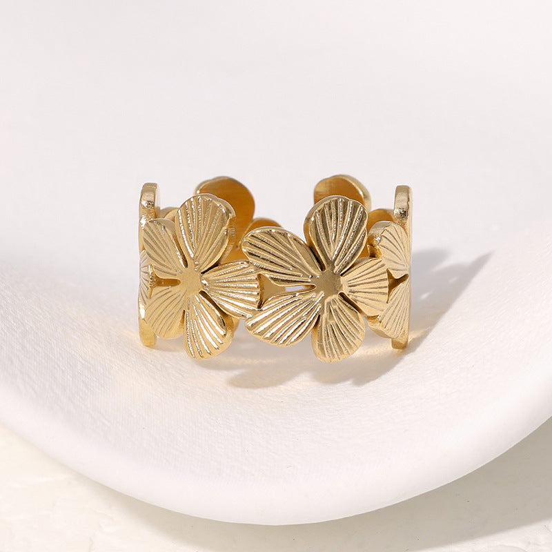 Anello minimalista floreale in acciaio inossidabile con placcatura in oro 18K da donna Anello aperto regolabile in acciaio al titanio