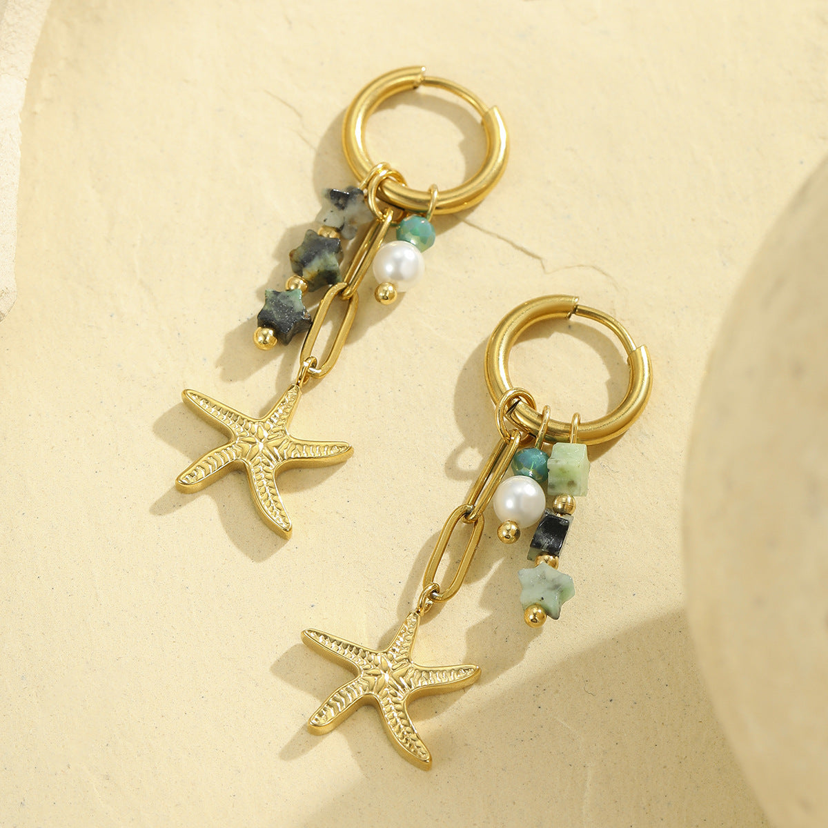Pendientes de Acero Inoxidable de Estrella de Mar, Inspiración Marina, con Forma Geométrica y Acabado Chapado para Mujer