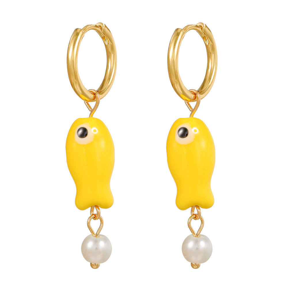 Cute Cartoon Fish Geometric Round Ceramic Brass Earrings for Women