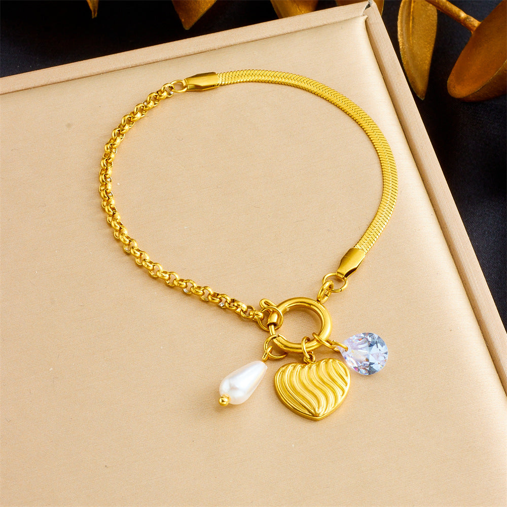Elegant Gold Plated Heart Star Geometric Teardrop Shell Pearl Stainless Steel Bracelet for Women