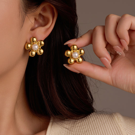 Vintage Floral Pearl-Inlaid Titanium Steel Earrings for Women with 18K Gold Plating and Polished Finish