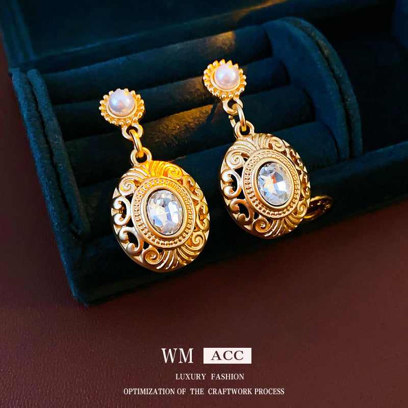 Orecchini a Perno in Perla Stile Vintage con Intarsio di Strass, Design Geometrico Rotondo e Ovale per Donne
