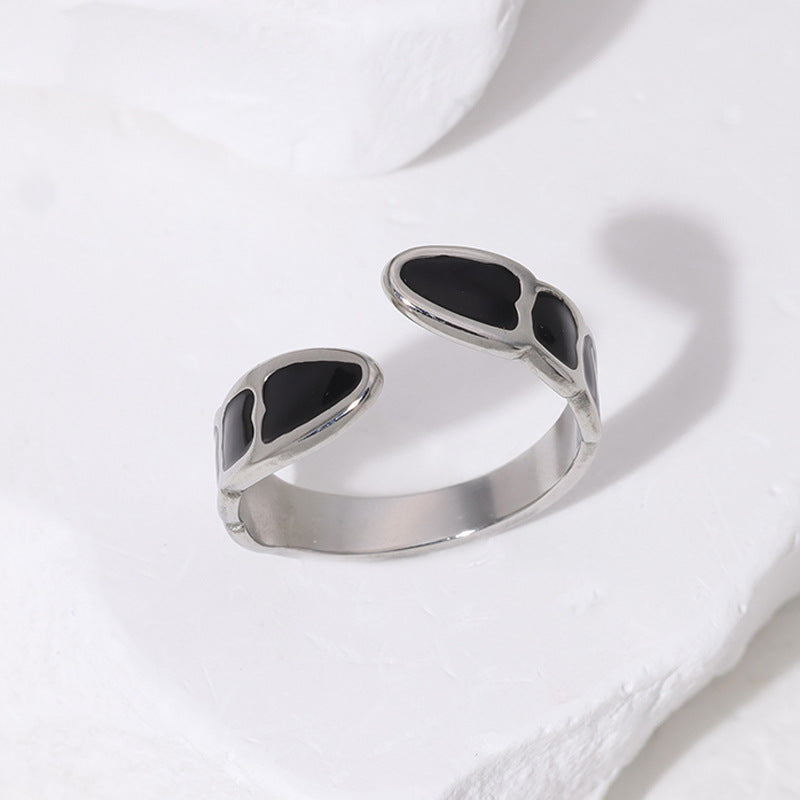Anillo Abierto Minimalista Geométrico de Acero de Titanio con Acabado de Esmalte para Mujer, Banda de Estilo de Lujo Elegante y Versátil