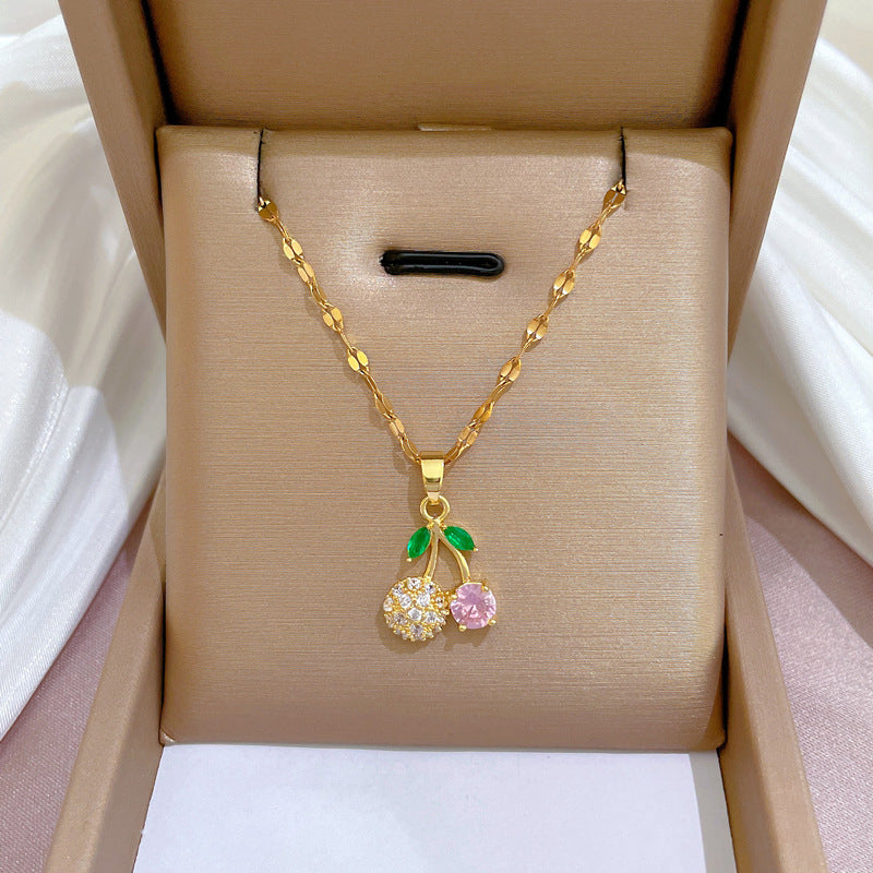Sweet Minimalist Geometric Gold Plated Titanium Steel Necklace and Earring Set with Rhinestone Inlay