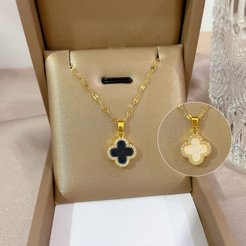 Minimalist Geometric Titanium Steel Clavicle Chain with Rhinestone Inlay and Copper Pendant
