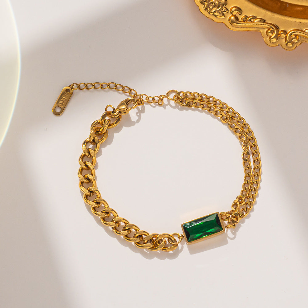 Geometric Square Green Rhinestone Titanium Steel Bracelet for Women with Plating Finish Fashionable Minimalist Hand Jewelry