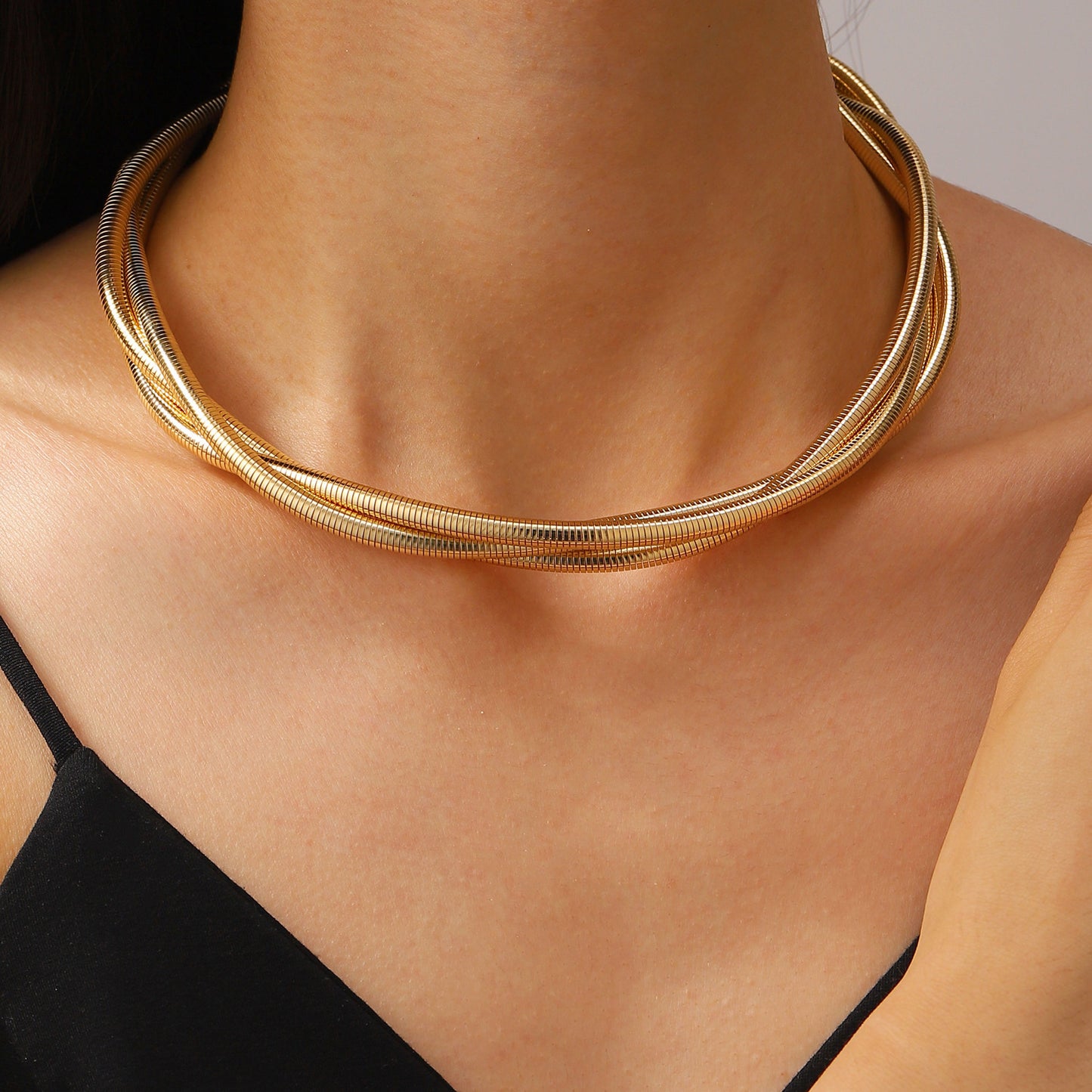 Punk Hip-hop Luxury Geometric Alloy Plated Coil Choker Necklace and Bracelet Set