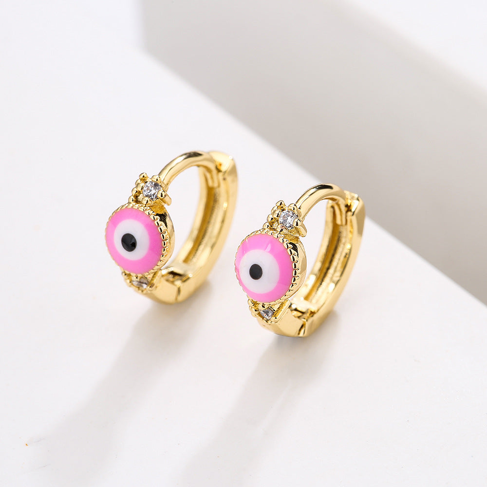 Minimalist Geometric Copper Earrings with 18K Gold Plating and Enamel Evil Eye Design for Women