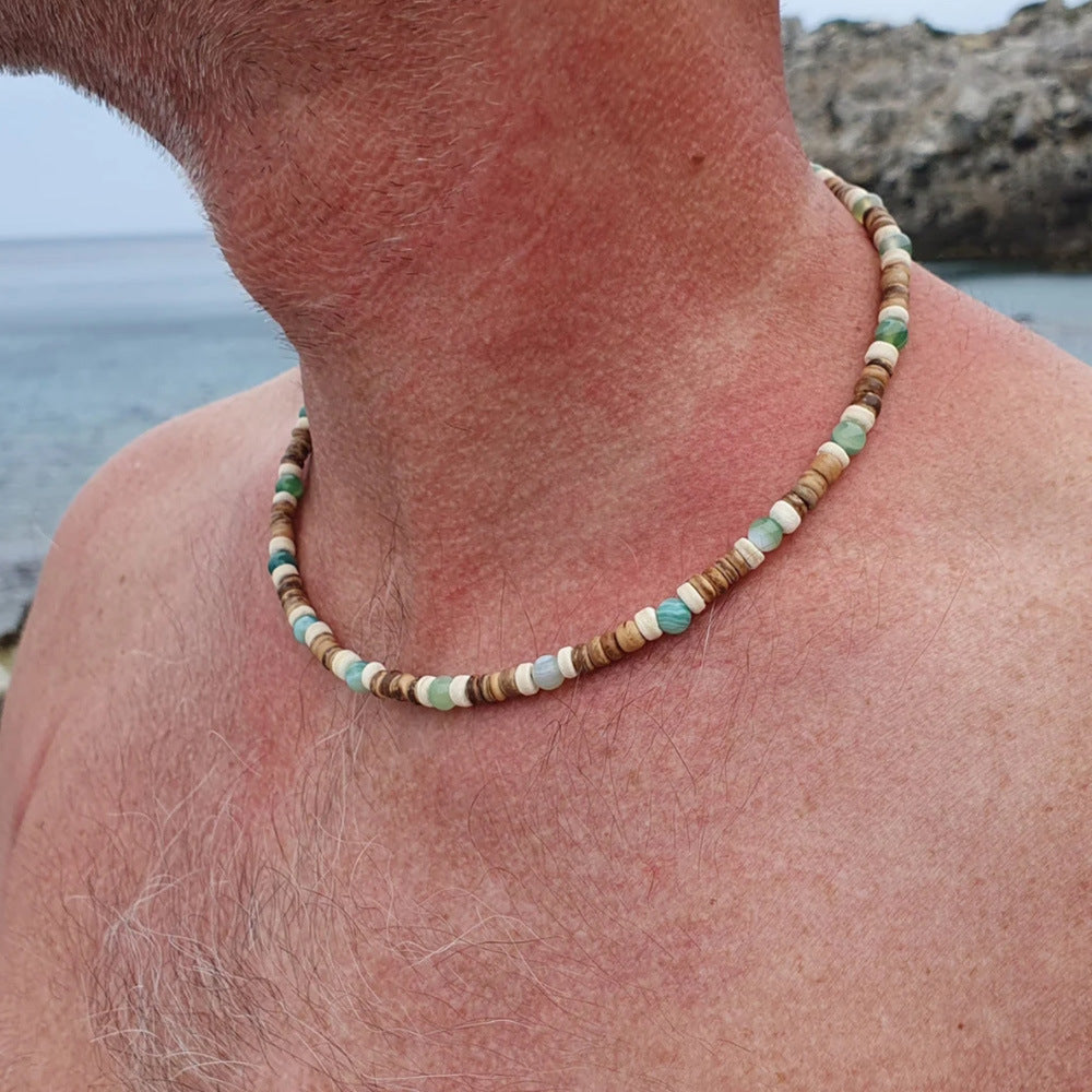Casual Geometric Round Wood Beaded Necklace with Green Agate for Unisex