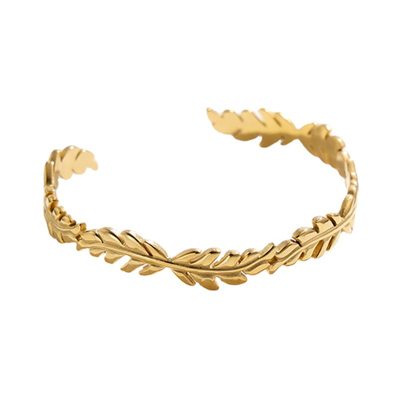 Gold Plated Stainless Steel Leaf Open Cuff Bracelet for Women