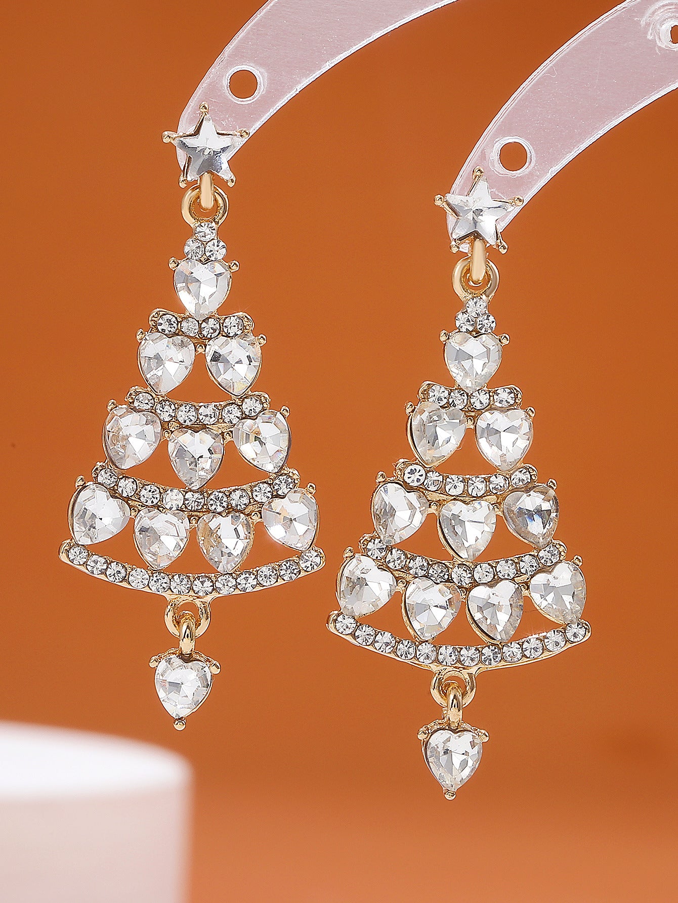 Pendientes de botón minimalistas de árbol de Navidad para mujer con incrustaciones de diamantes de imitación en aleación bañada en oro