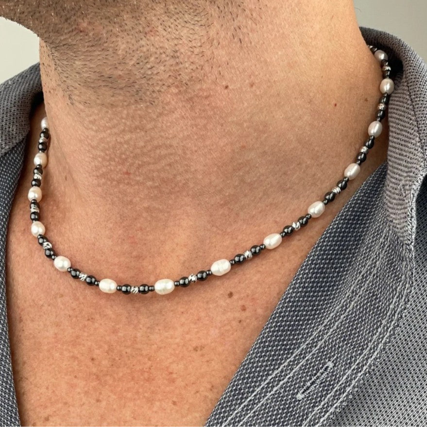 Minimalist Geometric Imitation Pearl and Agate Beaded Necklace with Plated Ball Chain for Unisex