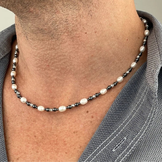 Minimalist Geometric Imitation Pearl and Agate Beaded Necklace with Plated Ball Chain for Unisex