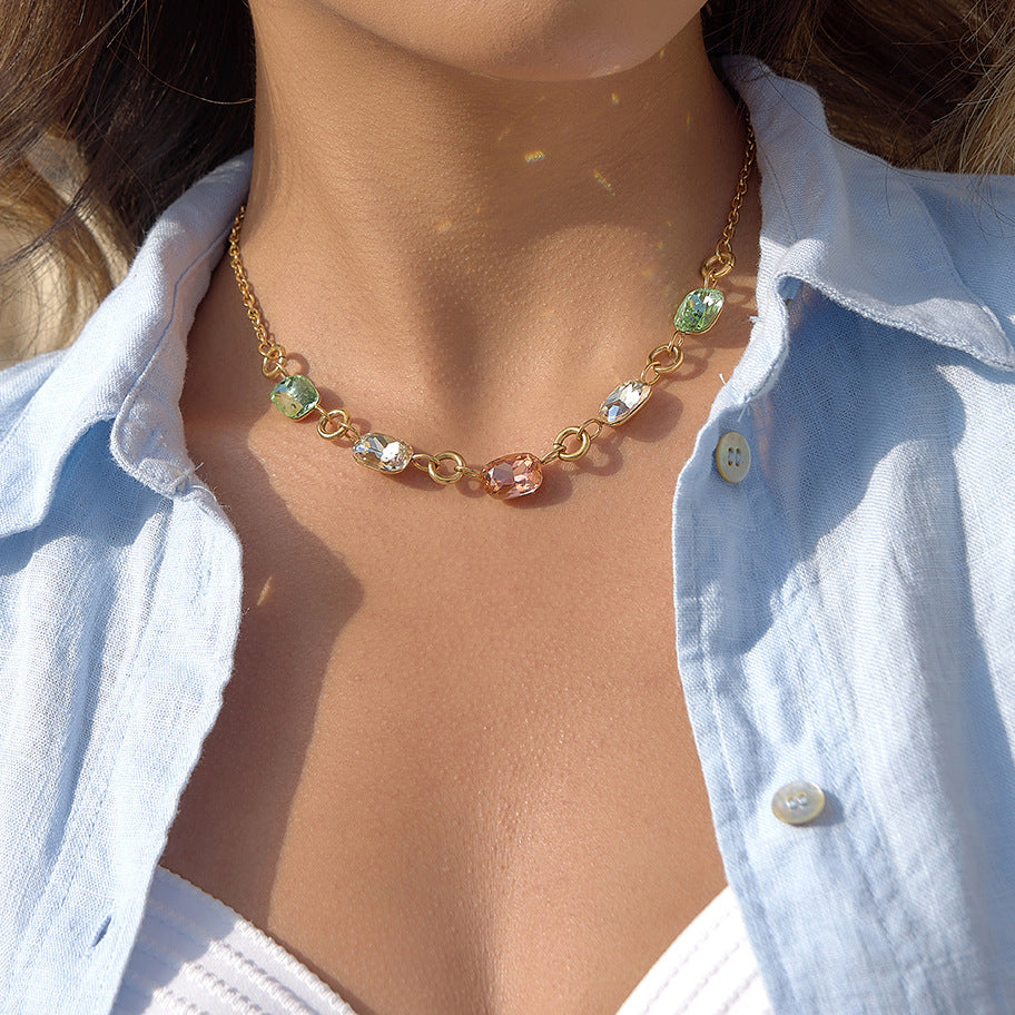 Minimalist Colorful Rhinestone Geometric Stainless Steel PVD Plated Necklace for Women